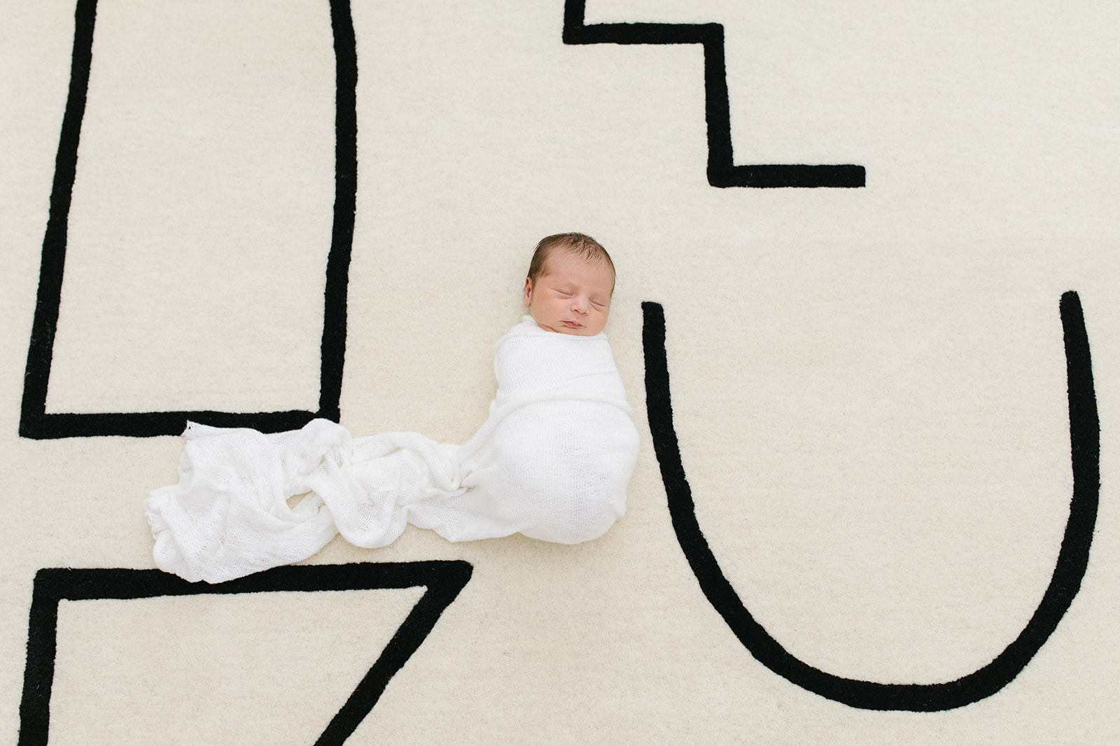 newborn baby wrapped in white laying on a carpet from Crate and Barrel Outlet Alexandria VA