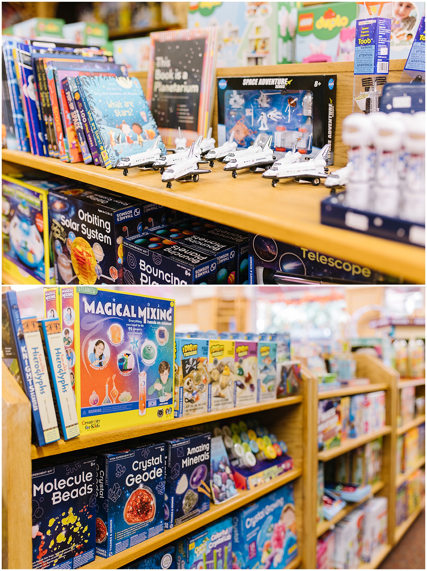Science and space kits on display in a toy store