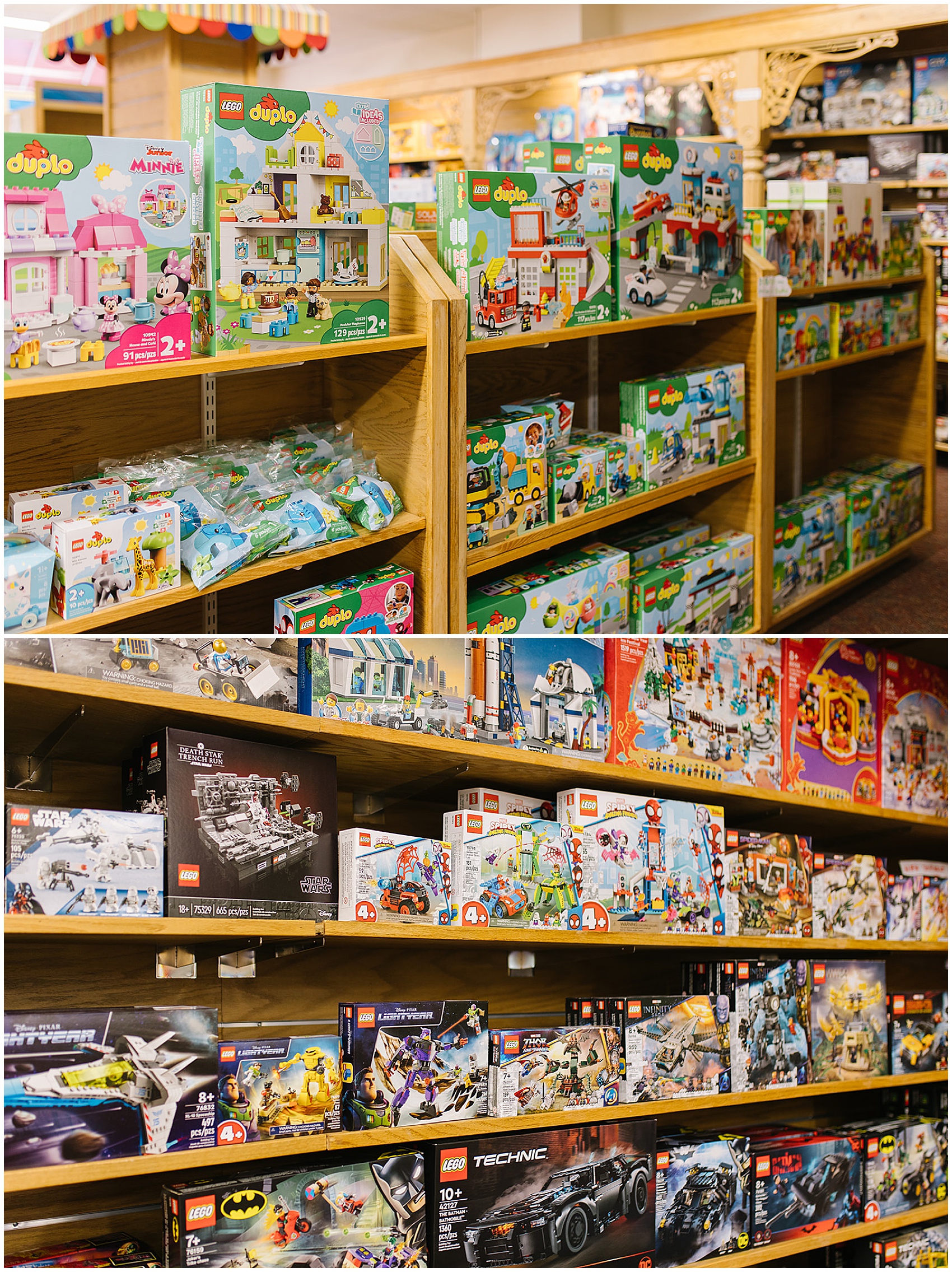 aisles of LEGO sets on display in a DC toy store