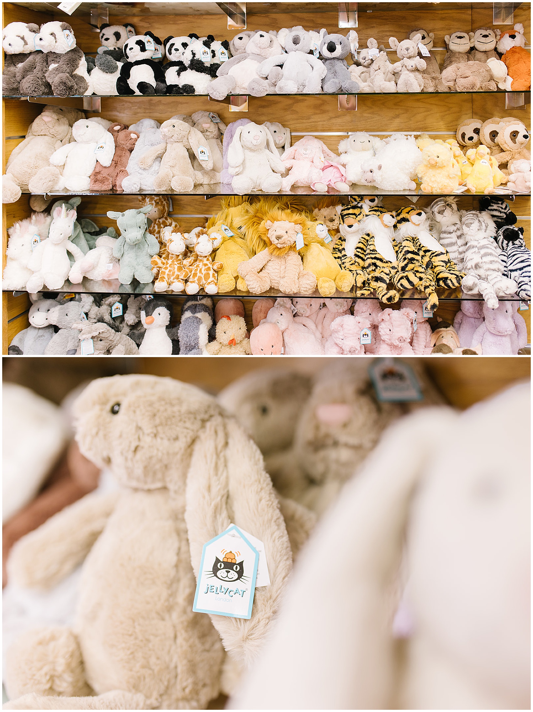 stuffed animals on shelves in a store