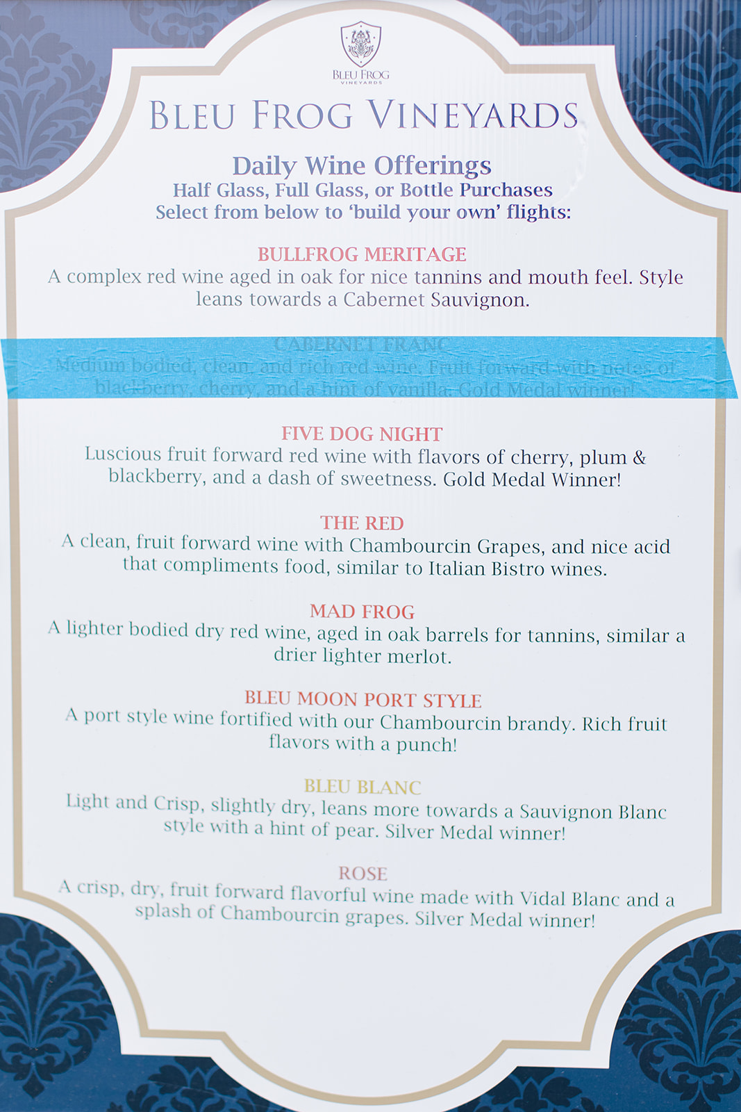 bleu flog winery menu